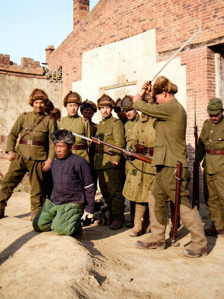 1938年，华北。一个鬼子兵举着军刀，准备斩杀一名中国平民，旁边围着看热闹的日本