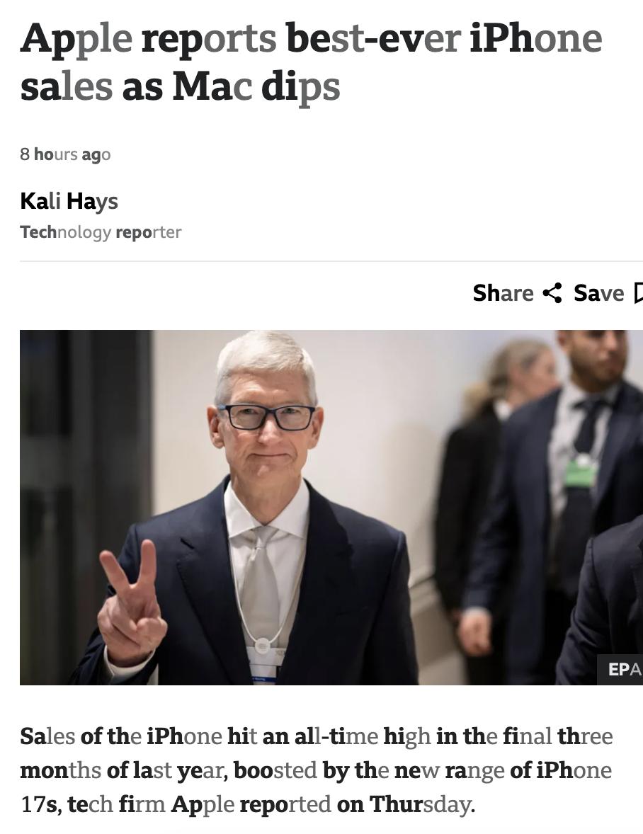 外媒：苹果公司报告称，去年最后三个月iPhone销量创下历史新高，主要得益于iP