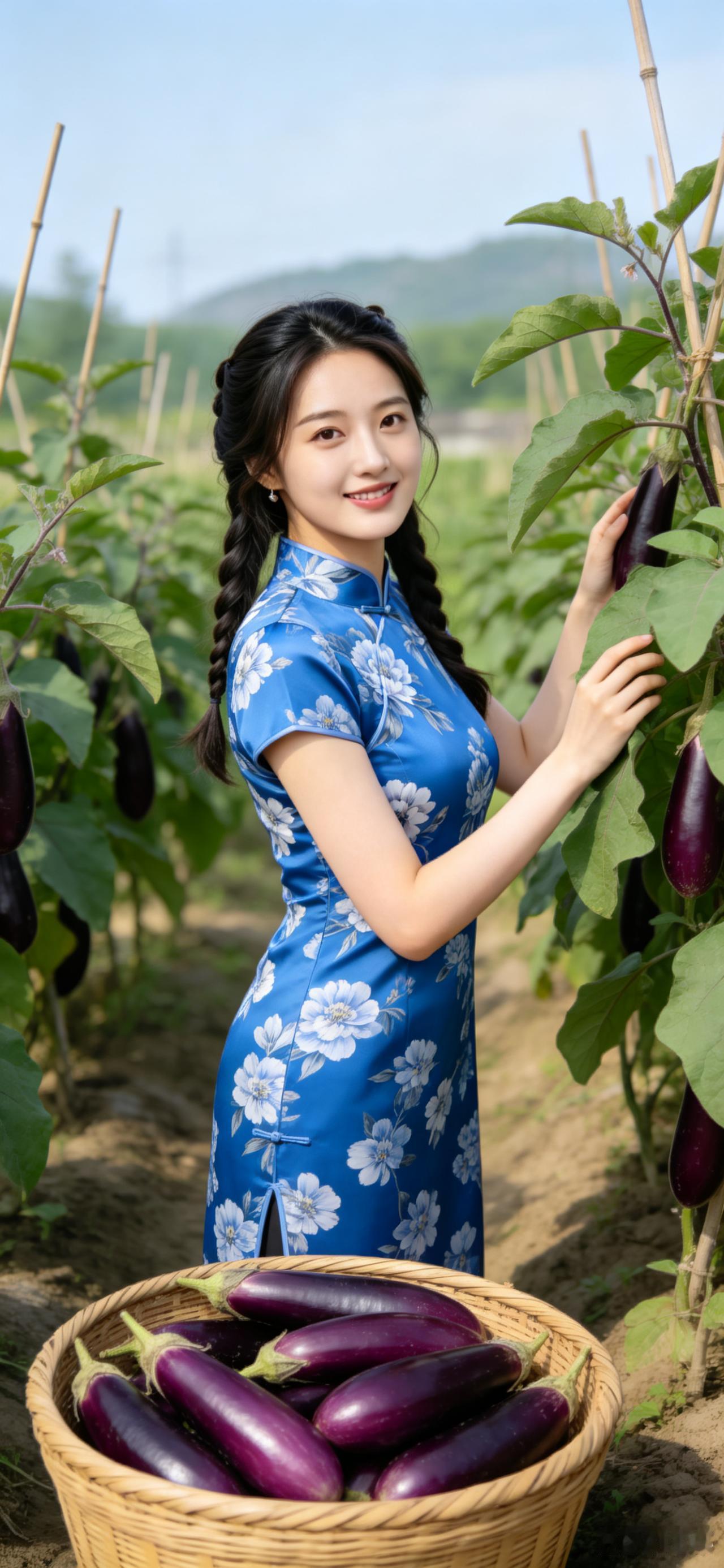 田园少女与茄子亲密接触，笑靥如花🌸🍆