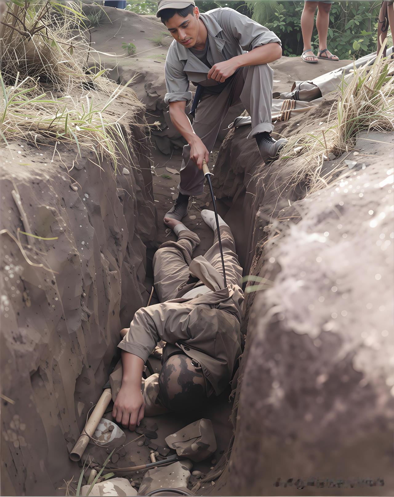 残余的日军被美军逐一消灭1944年9月7日，一名美军士兵在狭长的战壕里检查死去