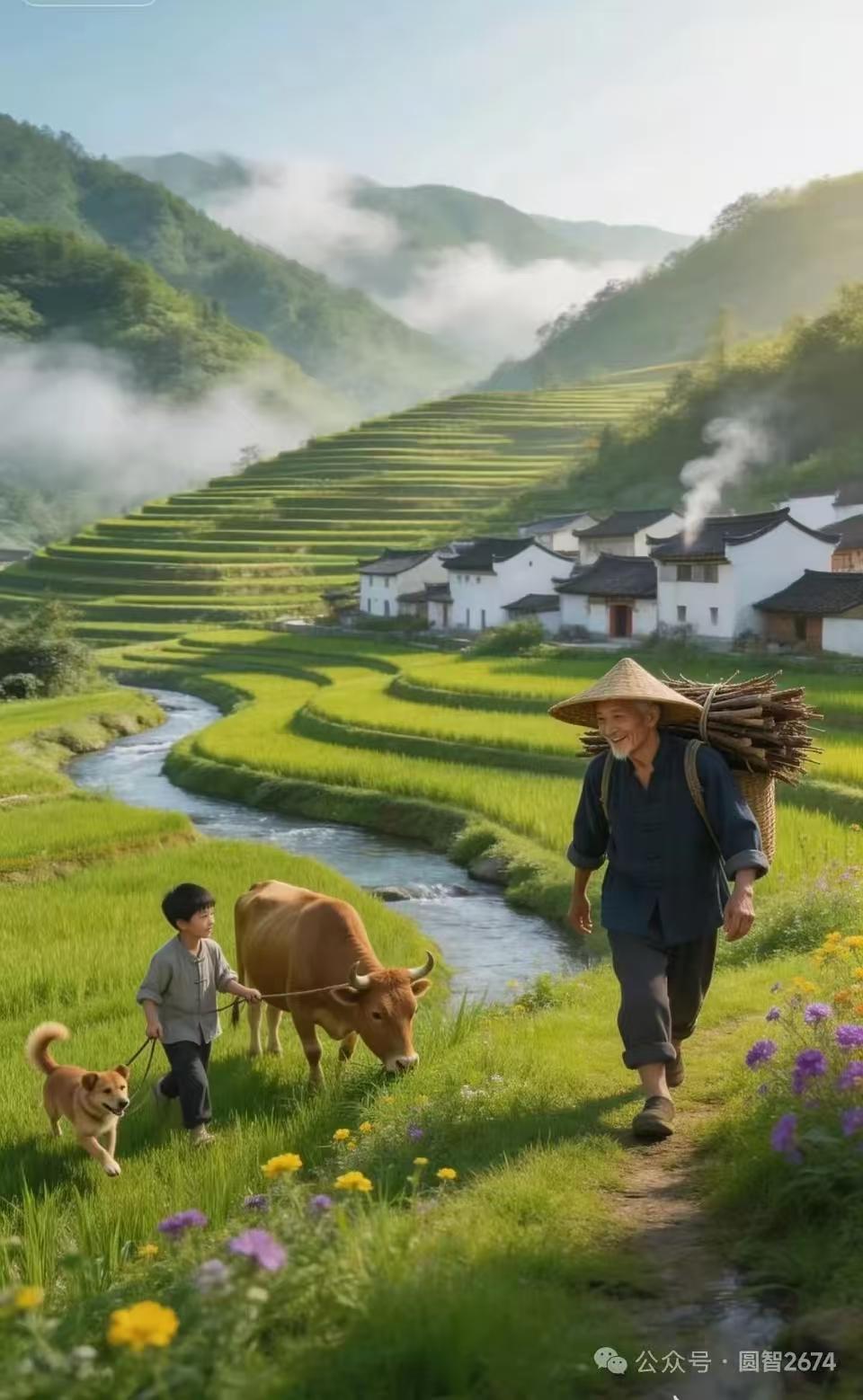 天净沙·乡野梯田绿浪盈眸，小溪碧水环丘。娃引黄牛草嗅。柴担翁叟，炊烟白