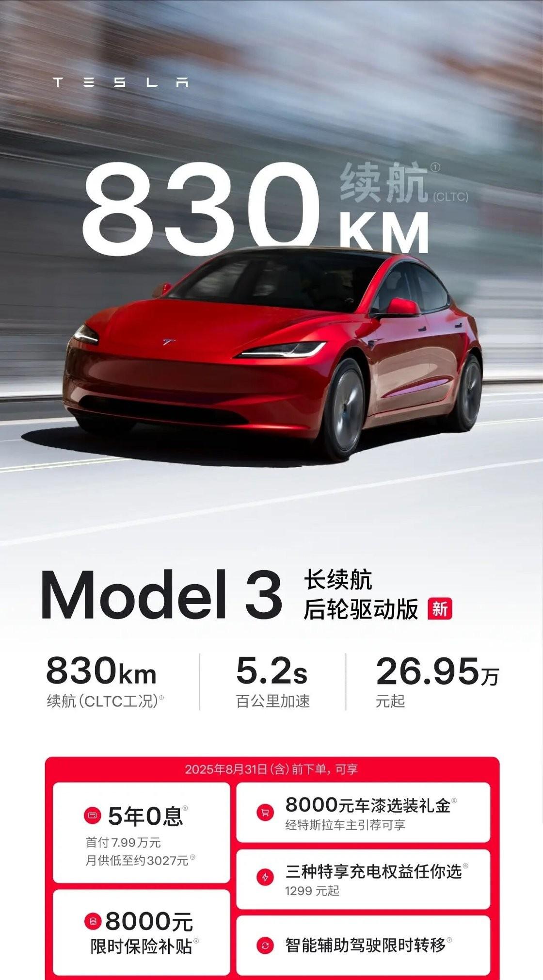 Model3新增长续航后轮驱动版，CLTC续航830公里，售价为26.95万元