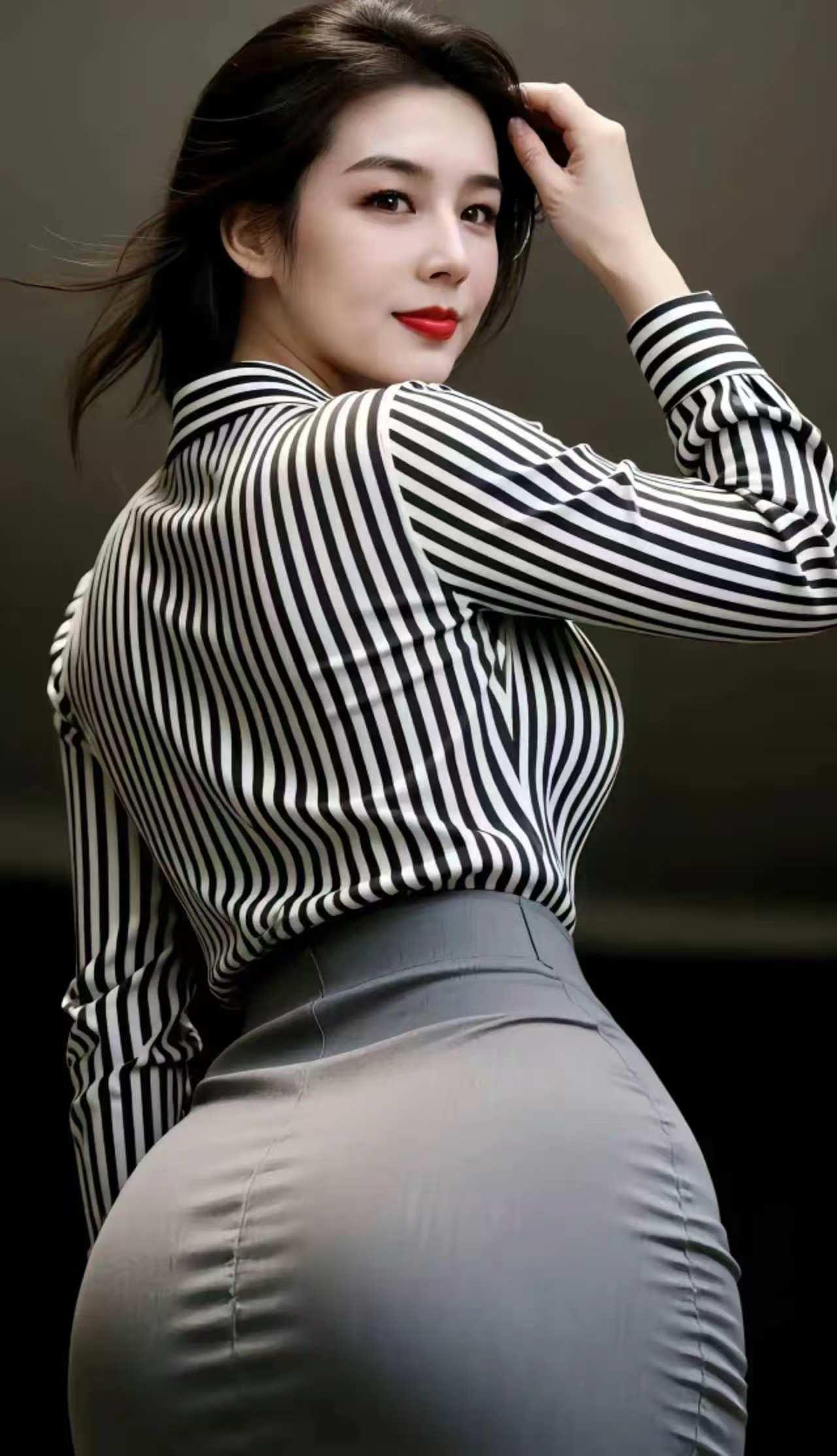 优雅条纹衬衫，自信红唇，魅力四射！