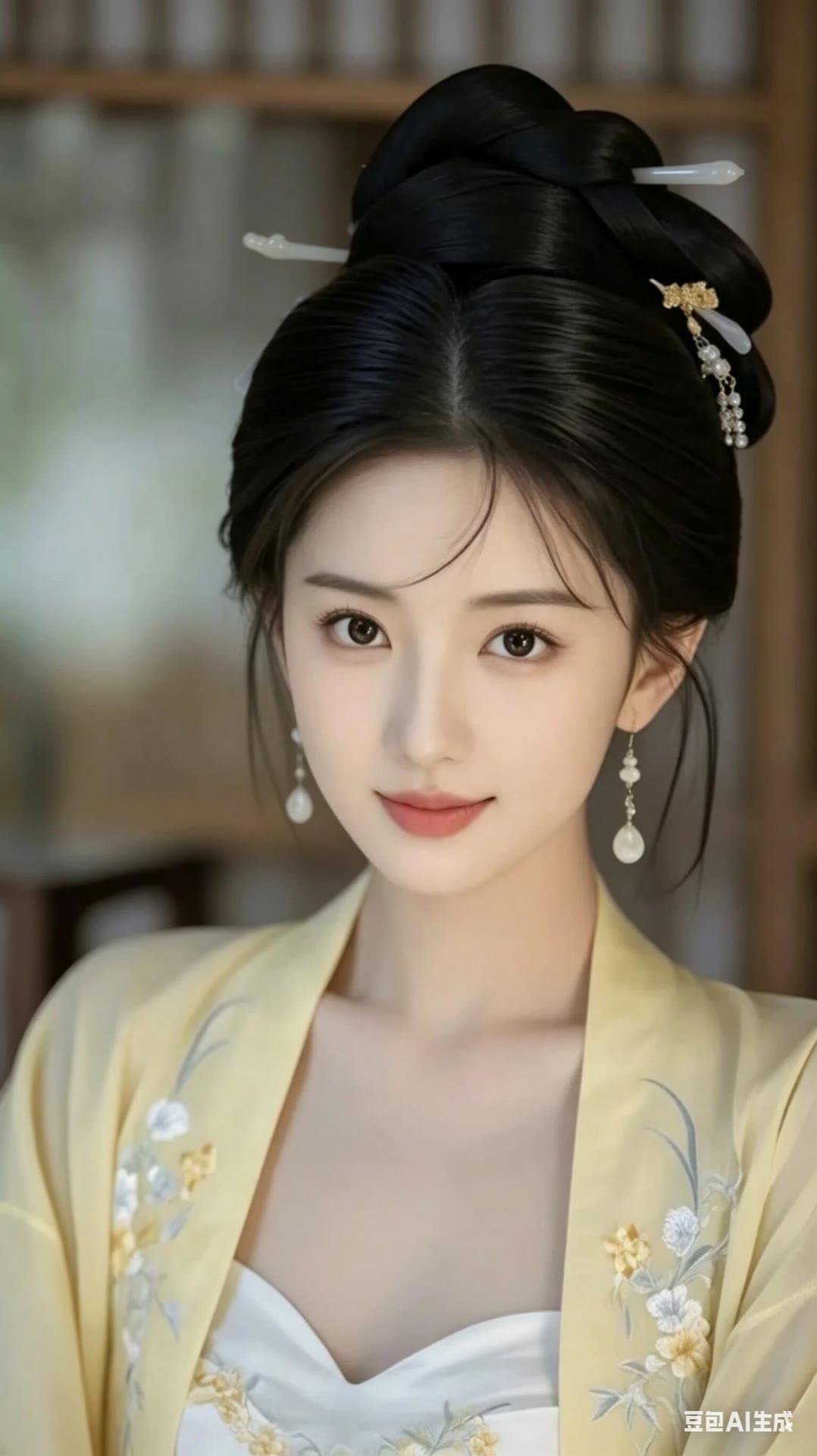 古典美人，黑发如瀑，金衣华贵，韵味十足。