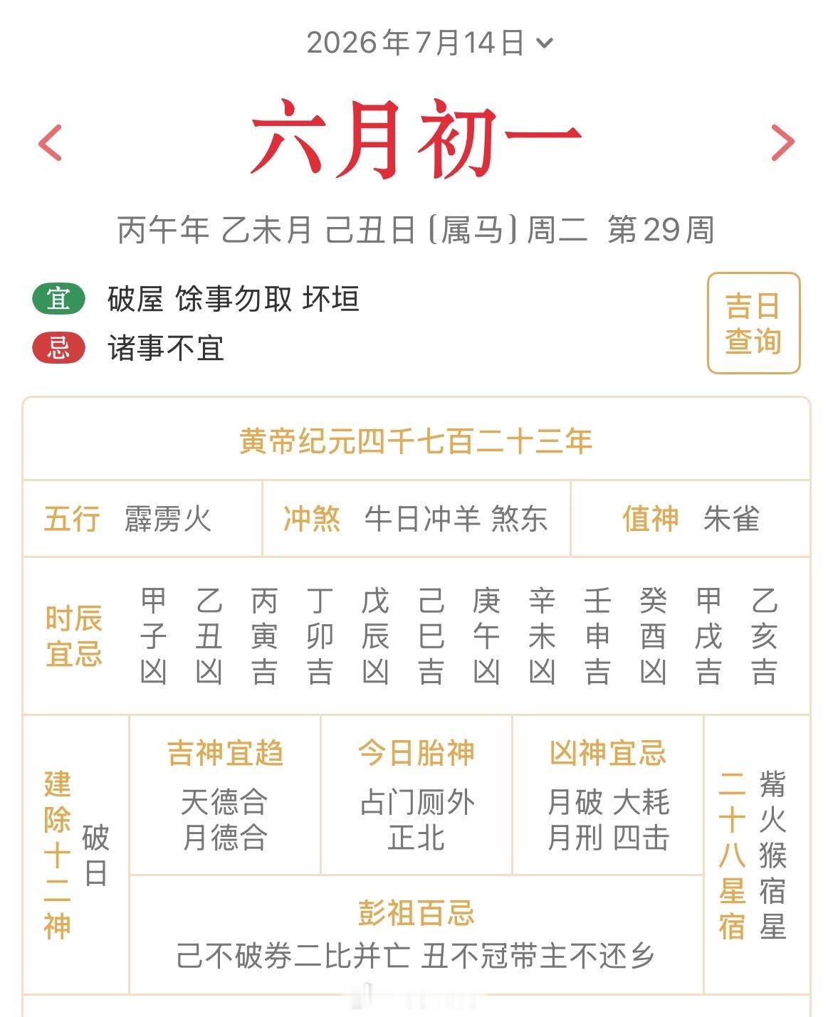 十二生肖每日简运仅供参考2026.7.14丙午年乙未月己丑日己丑天克地冲癸未：