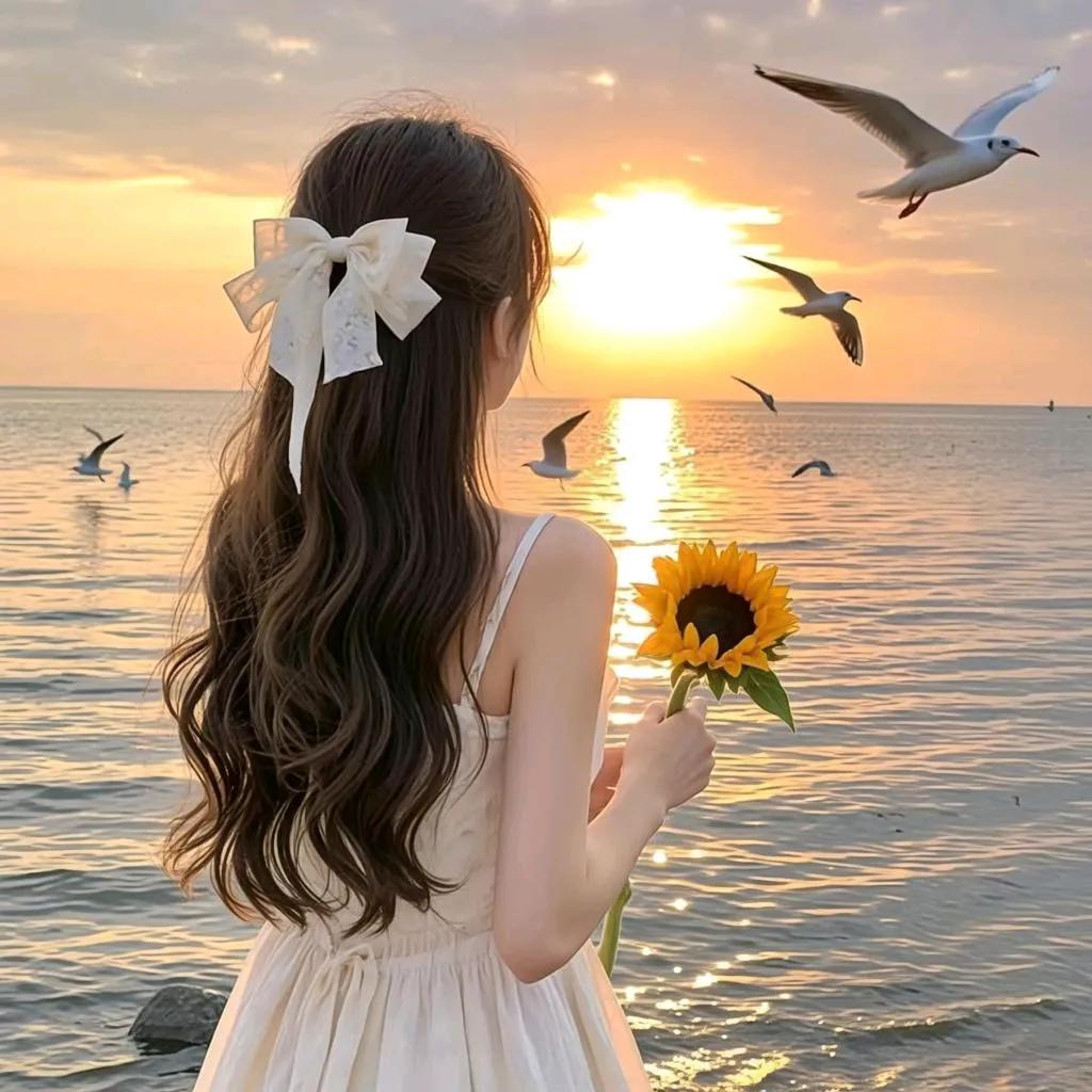 落日余晖映海面海边治愈系落日少女轻抚向日葵