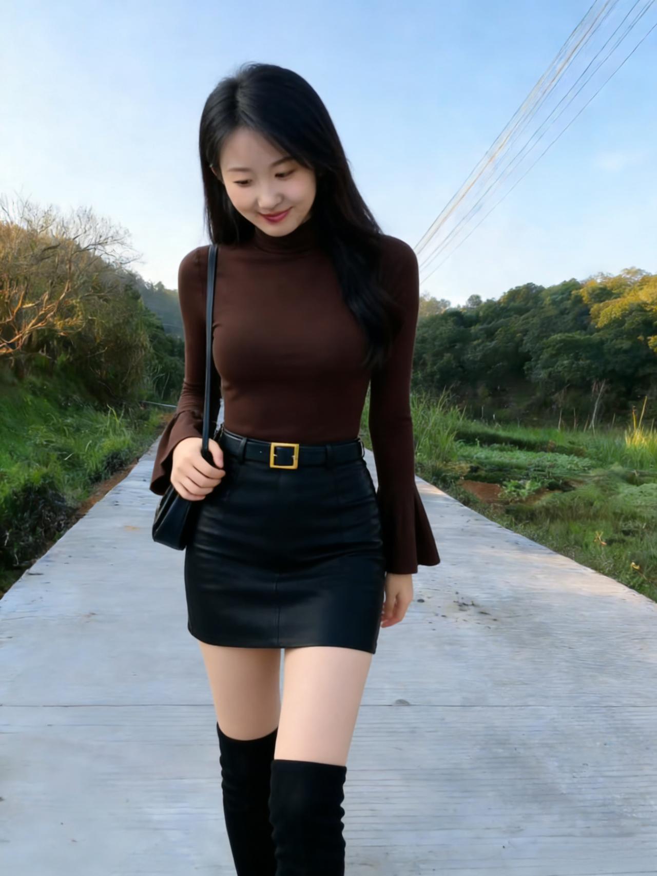 低眉凝软景，抬步踏清风。影落草萋萋，霞飞鬓角红。