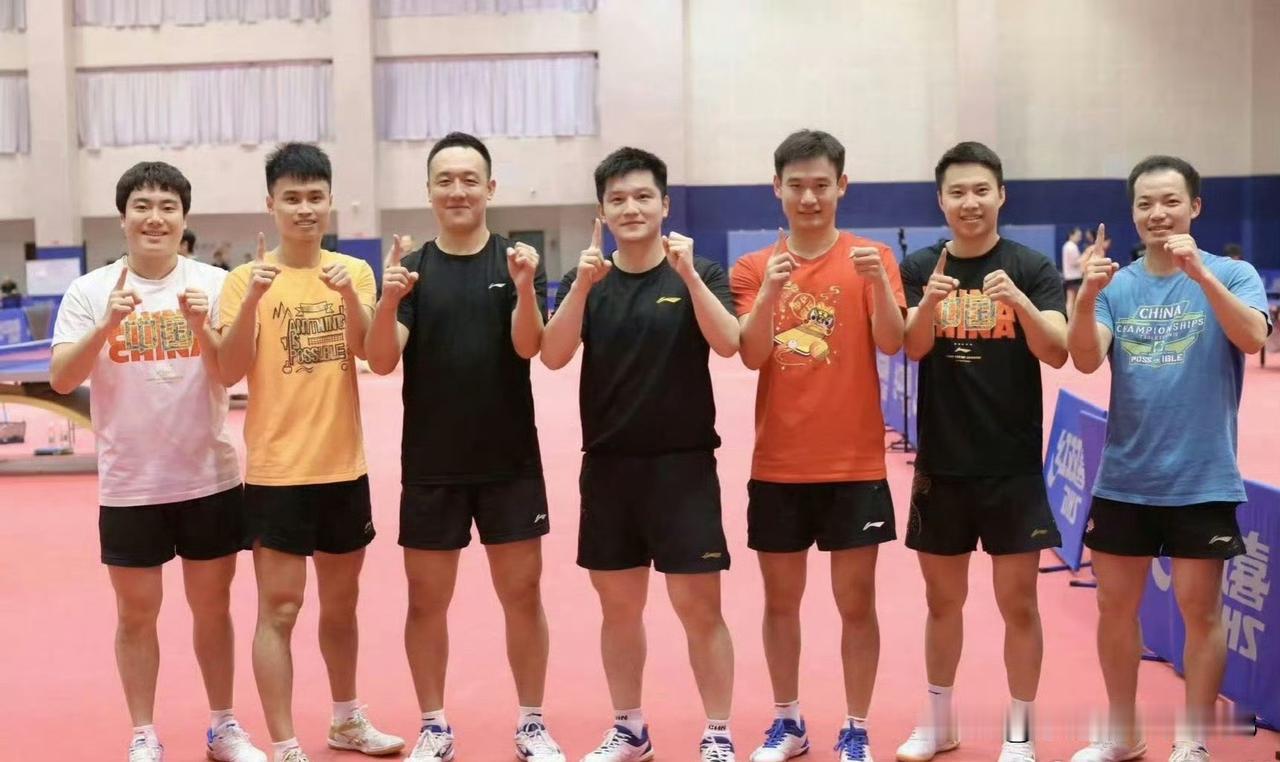 图中这七个人是同一时期进入国乒男队的选手。如今每个人的境遇也不相同。梁靖