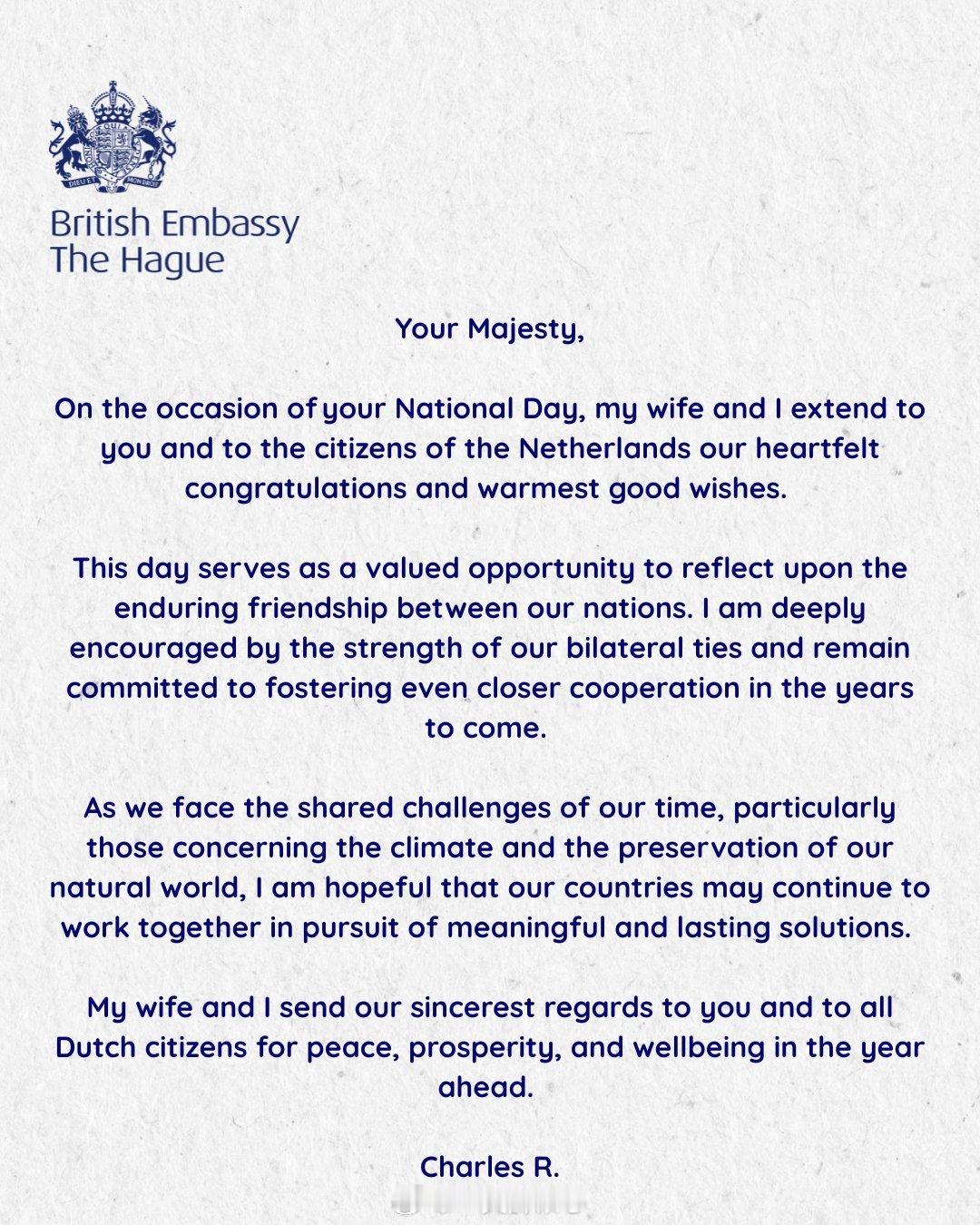 英国王室今天是荷兰国王日，又名国庆日，即荷兰的威廉亚历山大国王的5️⃣9️⃣