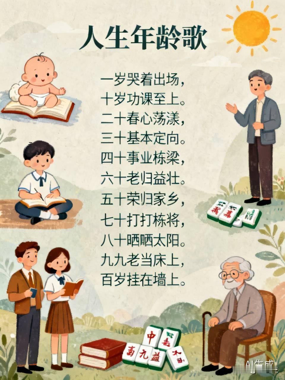 人生年龄歌一岁哭着出场，十岁功课至上。二十春心荡漾，三十基本定向。四十事业栋梁