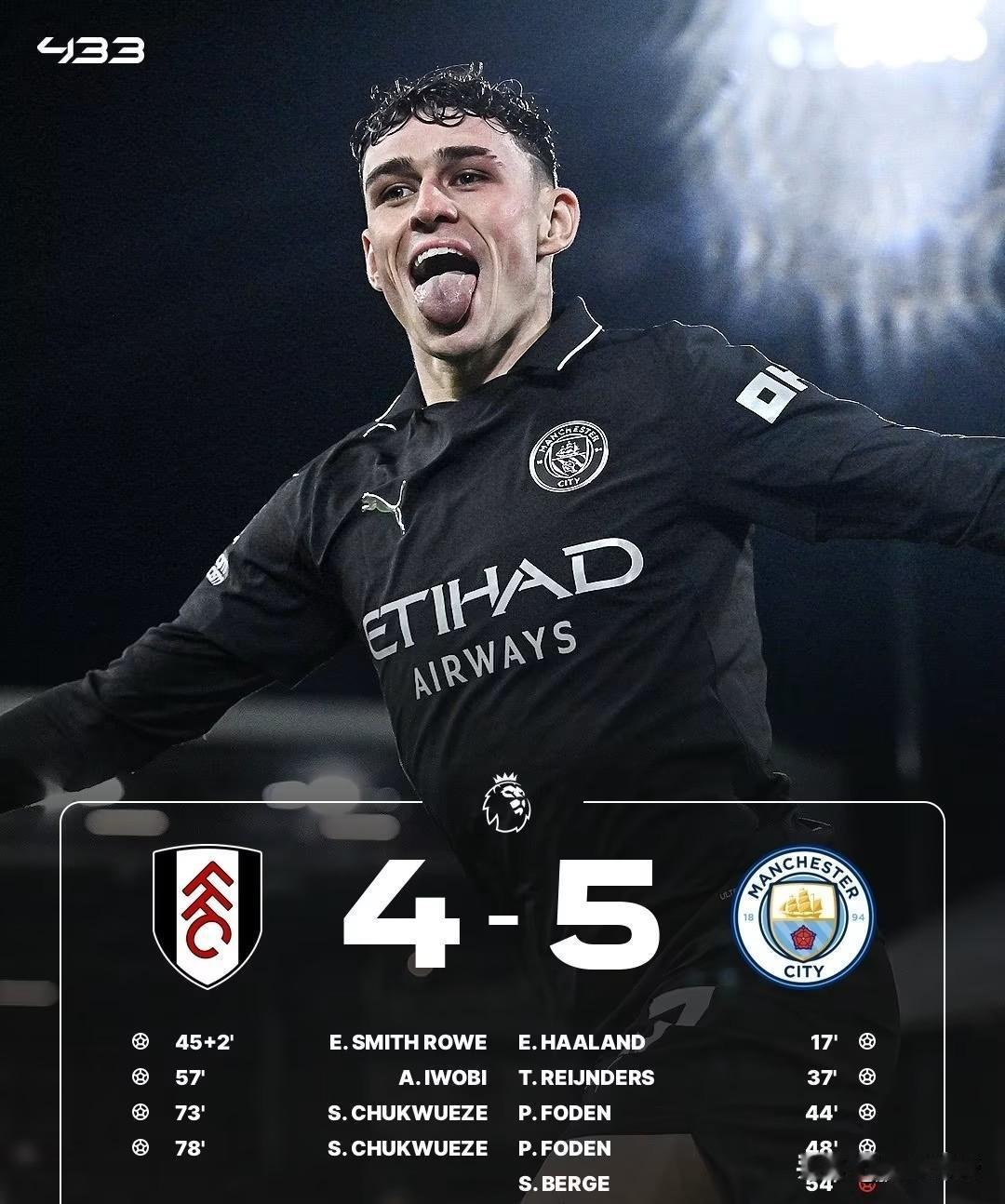 曼城进了4球，富勒姆进了5球，结果曼城反而5-4战胜了富勒姆!在本轮英超联赛