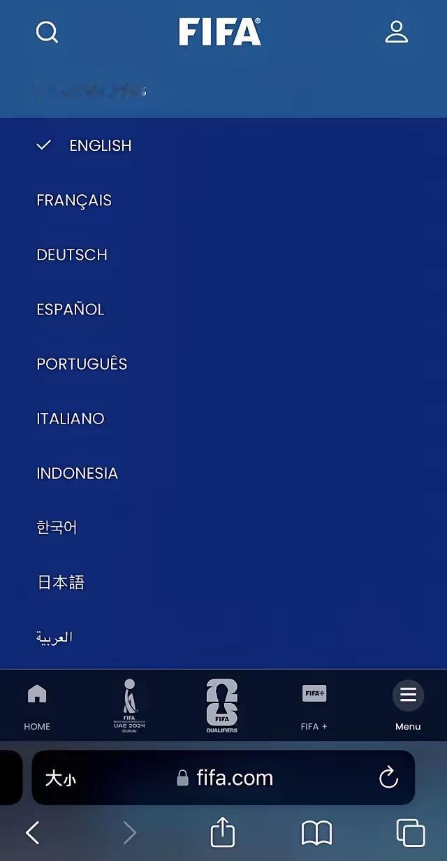 没有中文FIFA官网连中文都没有国际足联没有这个工作语言日韩、印尼全都有