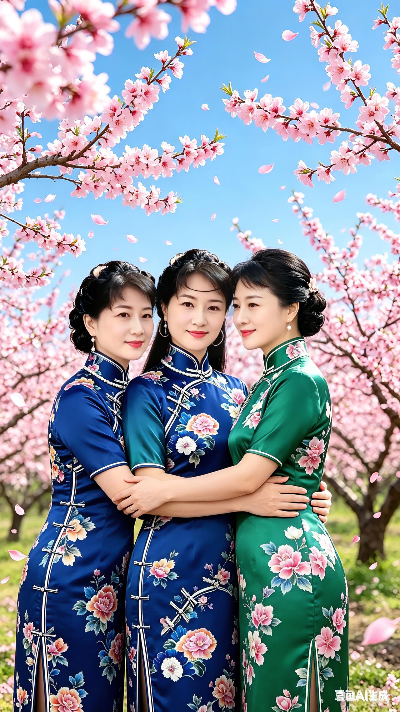 三位姐妹在花海中拥抱拍照。打油诗一树桃花映碧空，旗袍姐妹喜相逢。三人