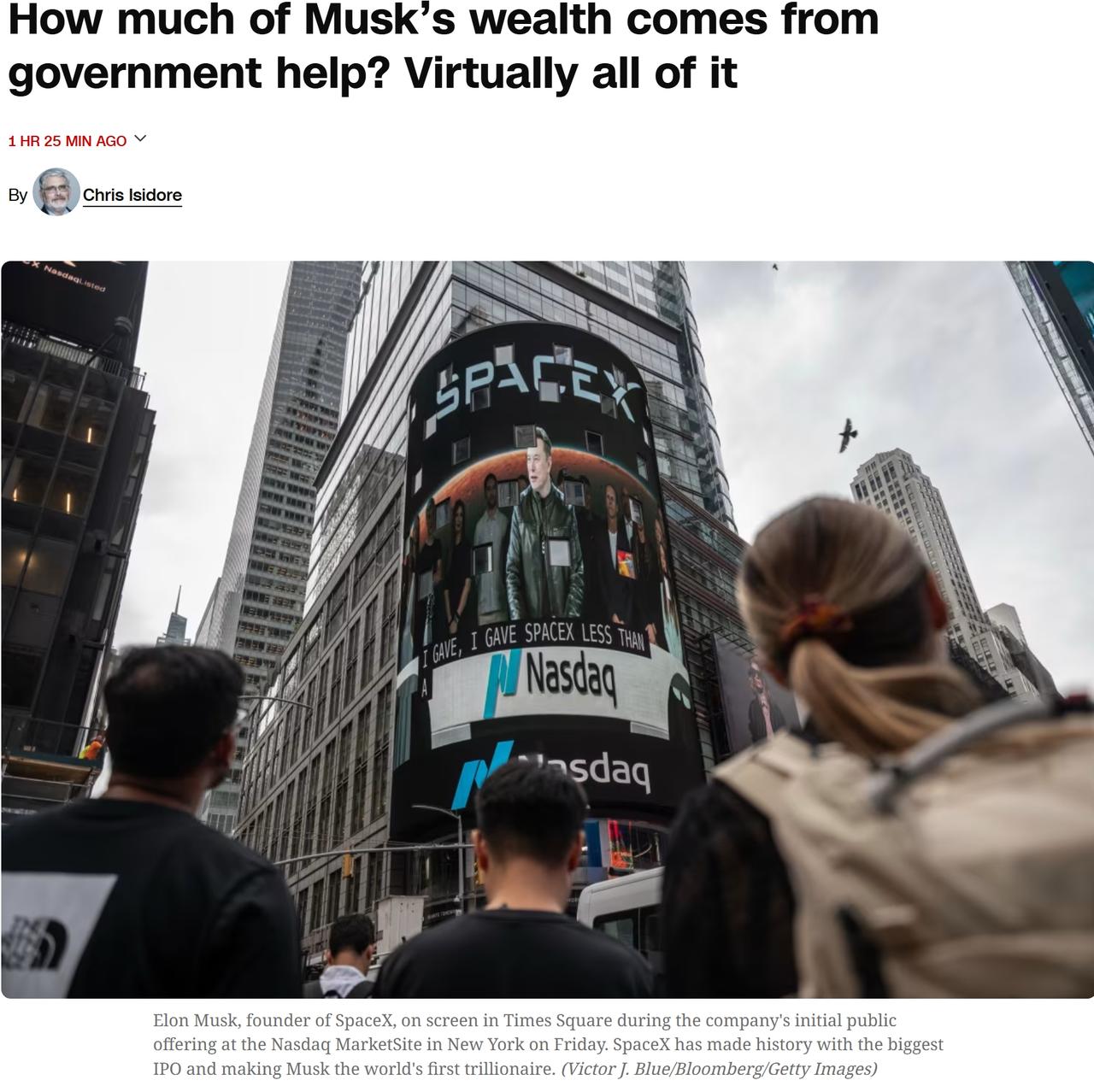 CNN发文分析：马斯克的巨额财富几乎全部来自政府和纳税人随着SpaceX成功