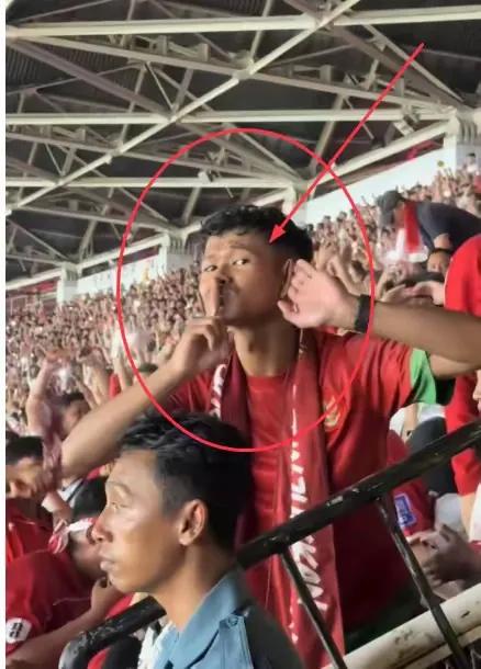 中国队0:1不敌印尼队，印尼球迷忘我地欢呼自己球队的胜利。一个印尼球迷高高站起