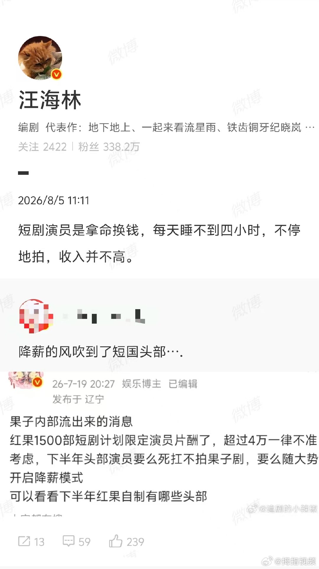 【汪海林说短剧演员收入并不高】汪海林谈短剧演员降薪8月5日，网传红果1500部