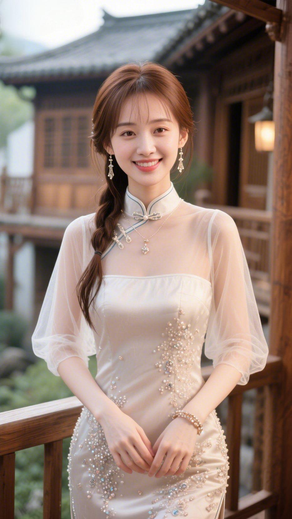 檐下风软裹旗袍黛瓦檐角浸在浅柔的天光里，她立在木栏旁，旗袍的纱袖轻笼着臂弯