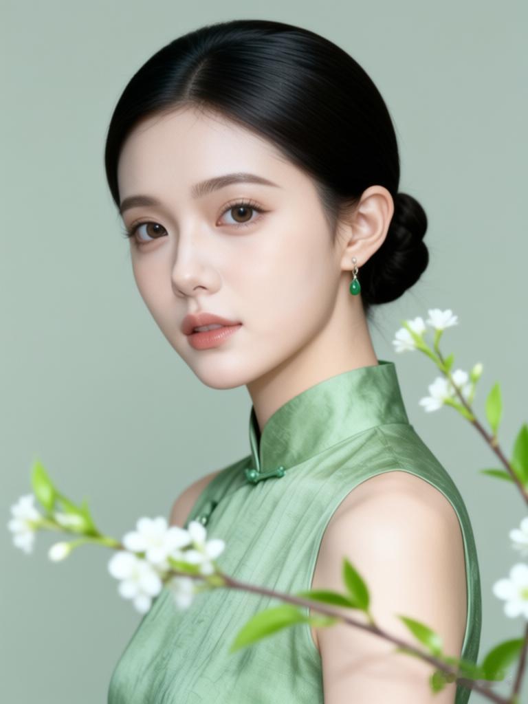 优雅绿衣美人，清新自然之美