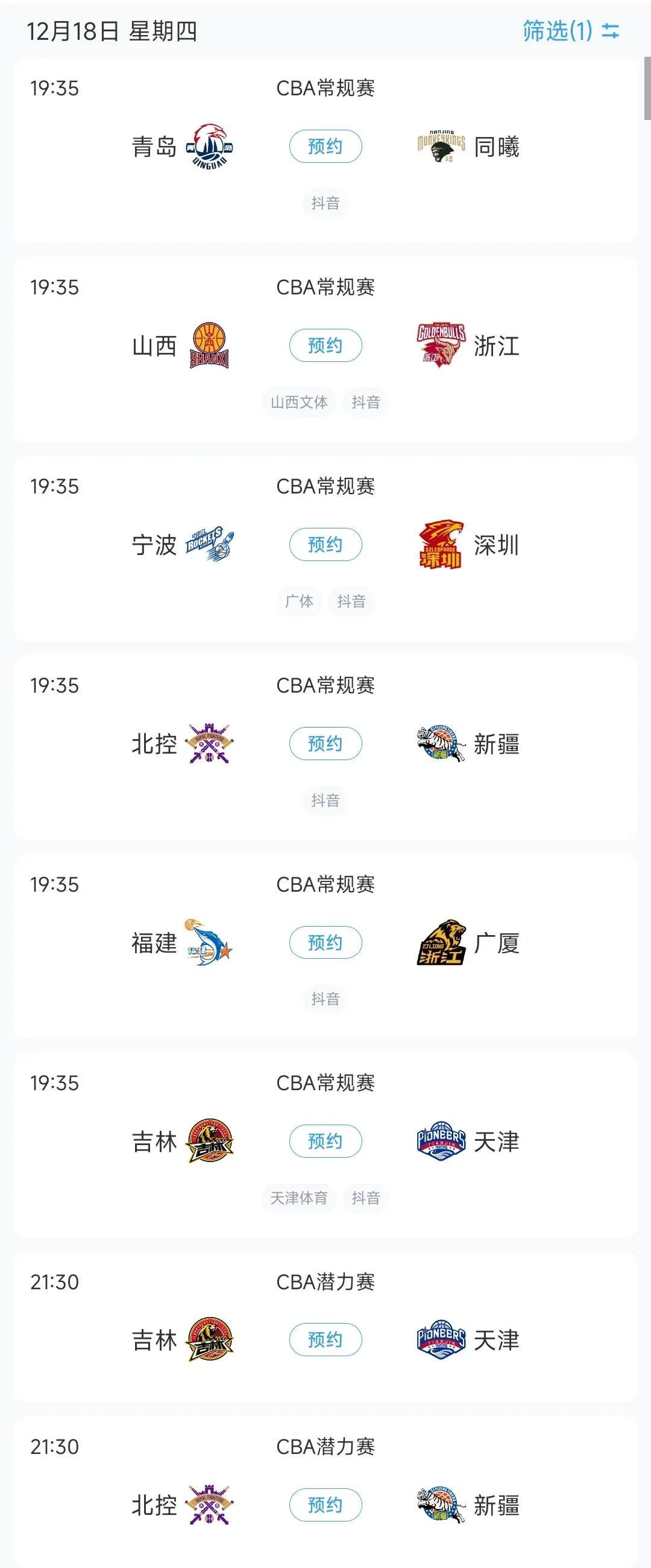 CBA今日赛程安排，共6场比赛！根据最新赛程安排，今日即12月18日共有6场比