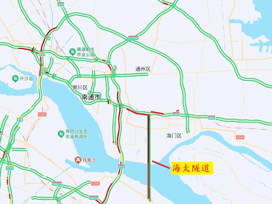 三年以后的春节假期最后一天，南通段高速应该是如图所示。海太隧道通车，会使得大量往