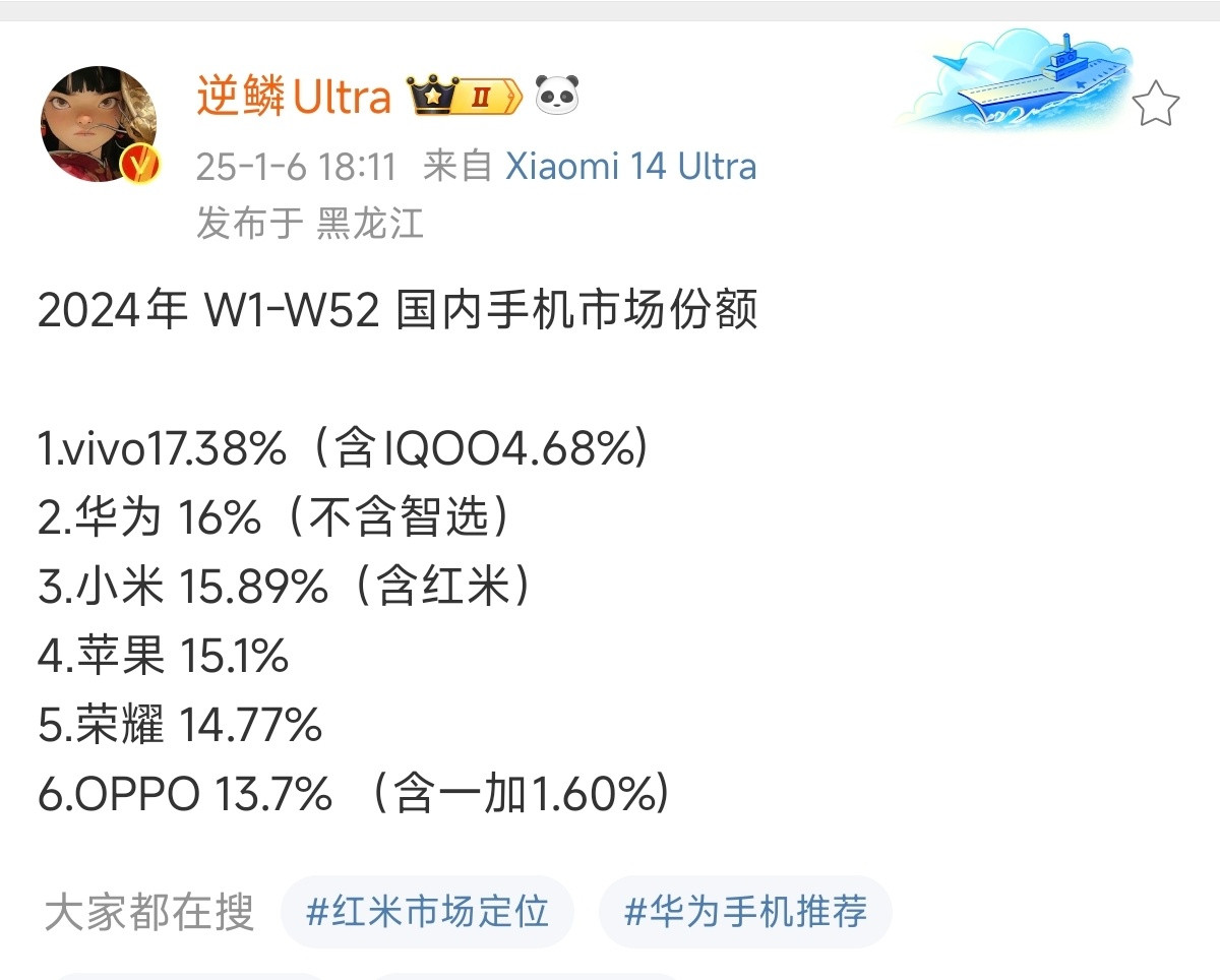 自从小米份额上升后，国内手机市场销量排名有了第六，没有了other……多么神奇得