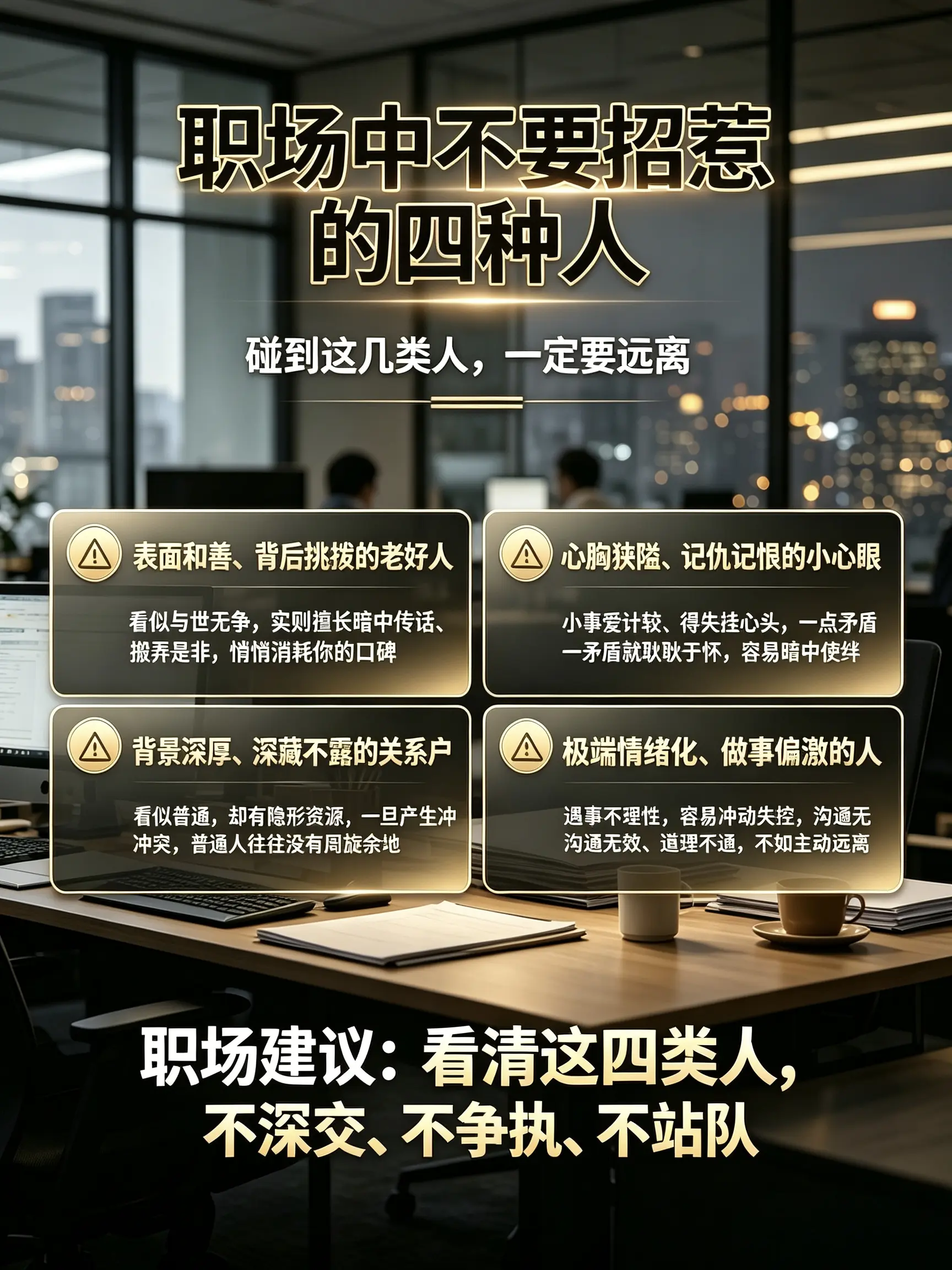 职场里，这四类人尽量不要招惹。 表面和善背后挑拨的老好人，心胸狭隘记仇...