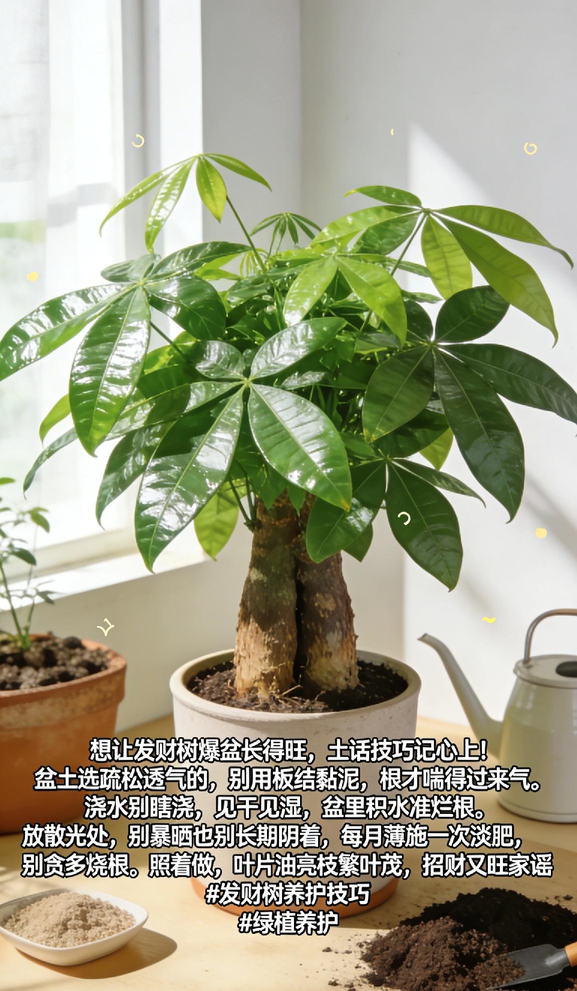 如何能够让发财树长得茂盛想让发财树爆盆长得旺，土话技巧记心上！盆土选疏松透气的，