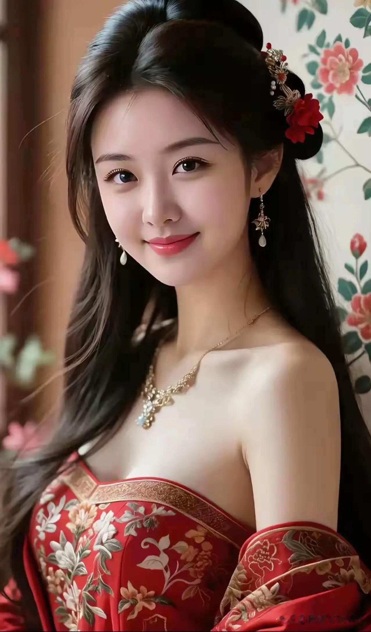 五律·红妆云鬟绾翠，艳饰簪芳。明眸涵露，浅笑含光。锦裙凝艳，绣影流香。
