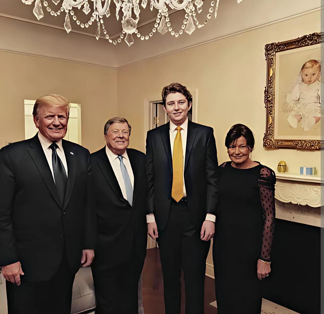 特朗普跟他的岳父母站在一起，特朗普看着比他的岳父母还老。当然特朗普跟他的岳父母