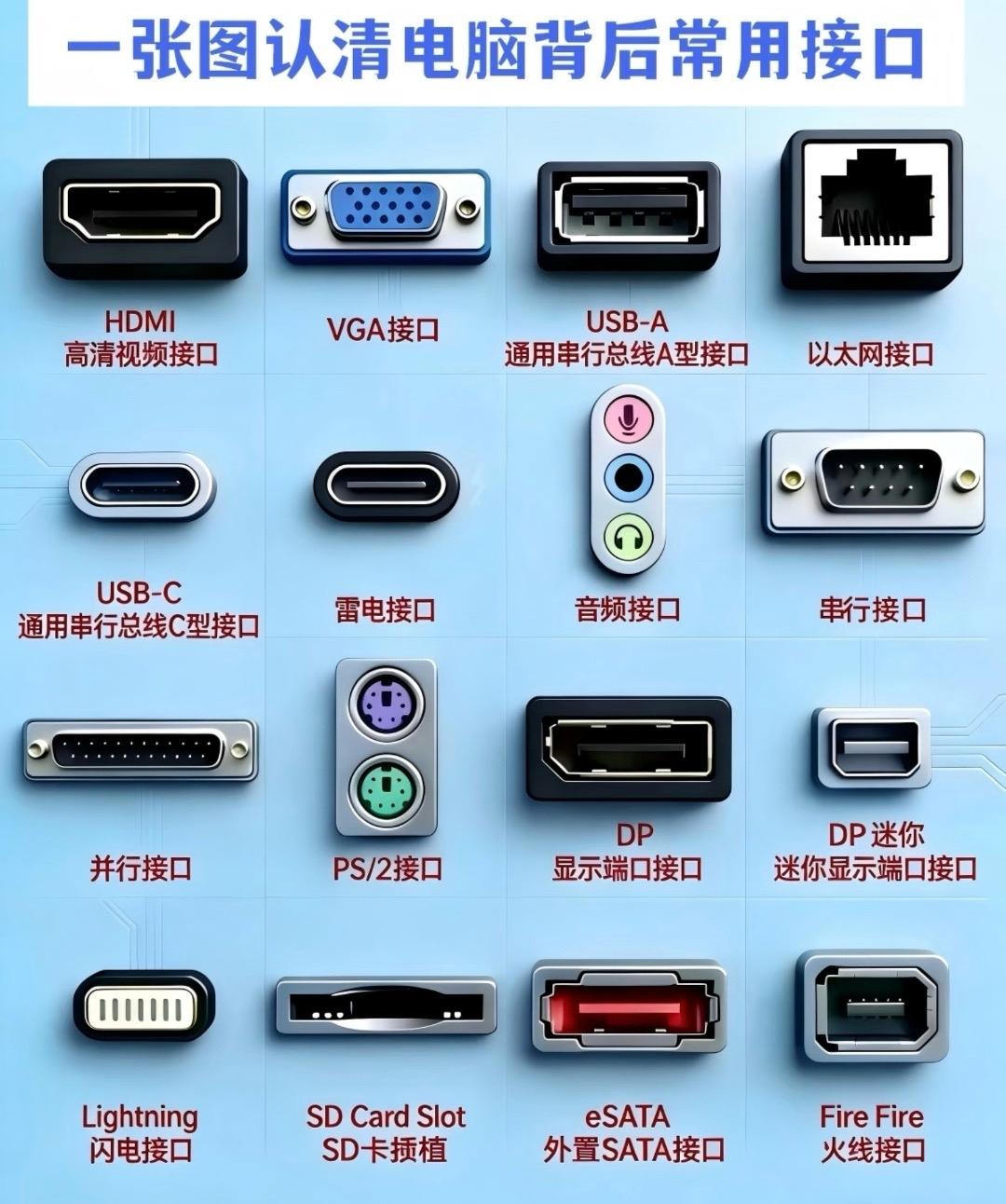 电脑上的接口真是让人眼花缭乱。先说USB接口，这是最常见的，像U盘、鼠标、键盘