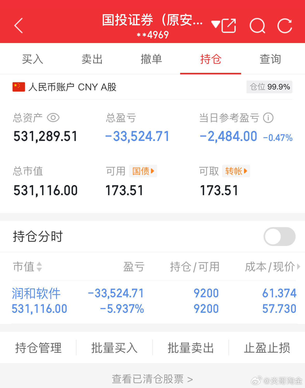 50万实盘挑战一年做到500万（第73天）总资产：531289当日参考盈亏：-2