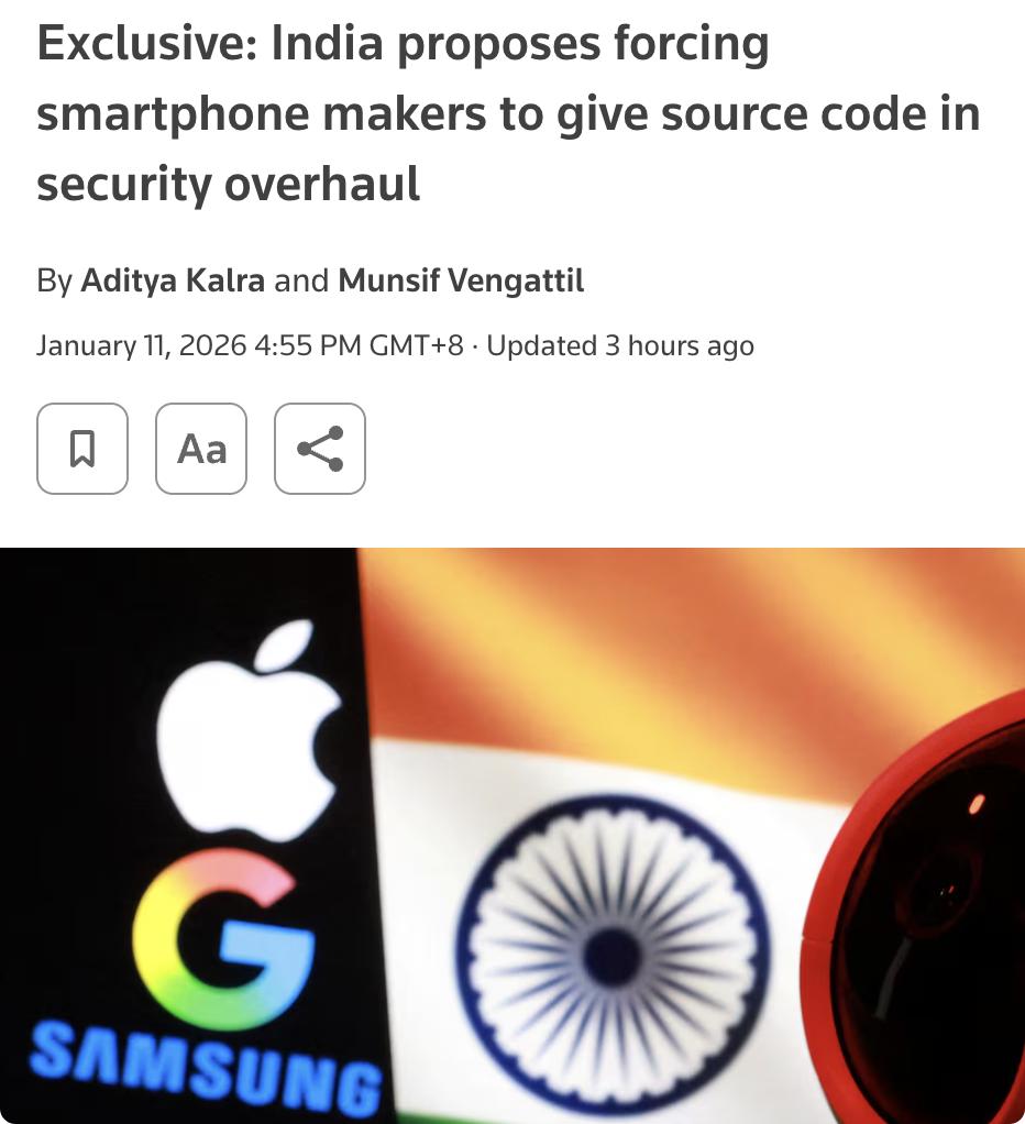 外媒：印度政府计划要求智能手机制造商向政府提供源代码并进行软件更改，以加强安全措