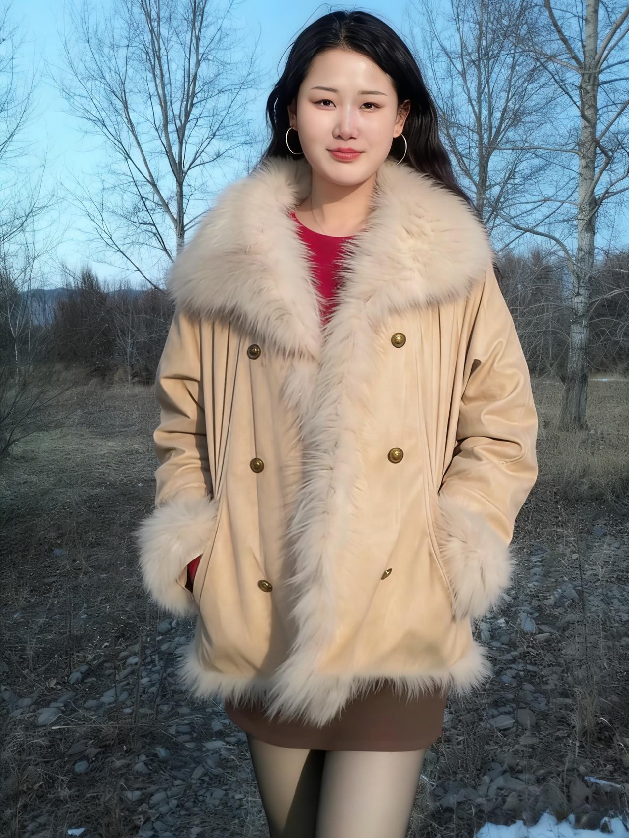 轻裘覆雪暖生香，狐领蓬松映日光。笑立荒郊无俗态，一肩清艳胜春芳。