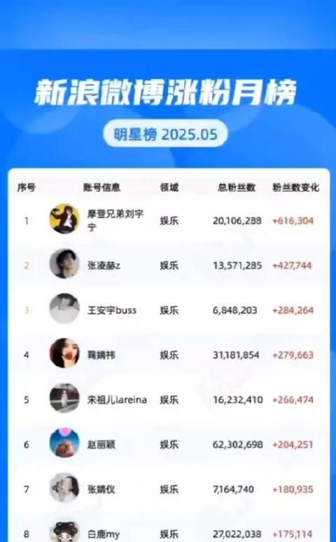 明星榜2025年5月第一名，刘宇宁第二名，张凌赫第三名，王安宇第4名，鞠