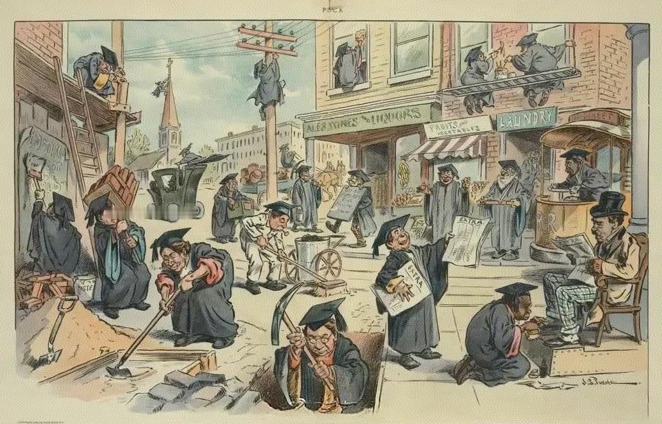 这是1902年美国《Puck》杂志的讽刺漫画《过度教育的前景》。整条街上到
