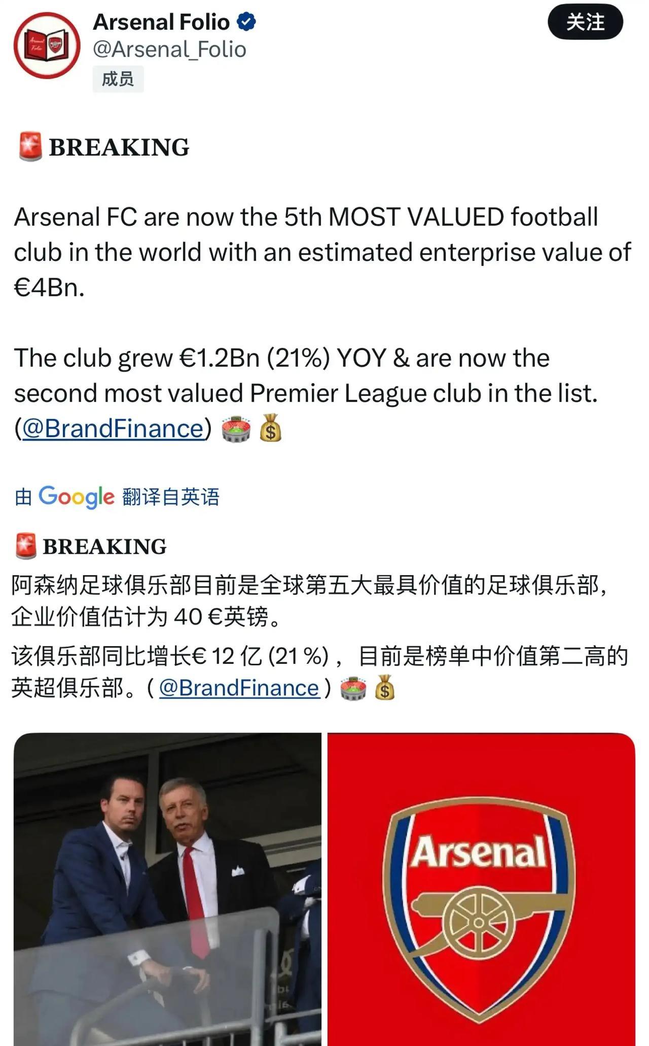 阿森纳现在能估价40亿英镑，全世界前五，英超前二的水平。以前苏宁买国际米兰才2