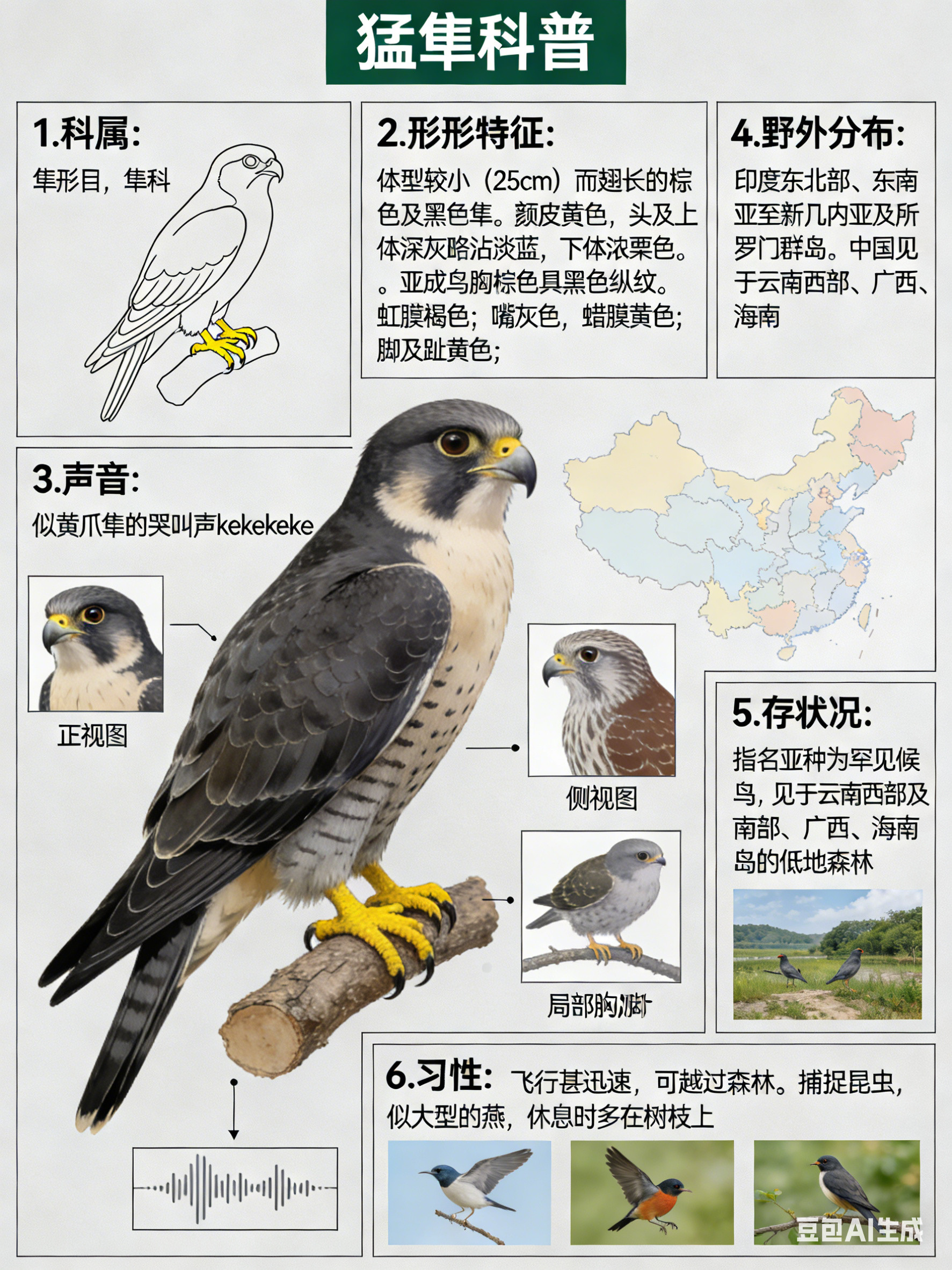 鸟类朋友图鉴猛隼·科属：隼形目，隼科。·外形特征：体型较小（25cm）而翅长的