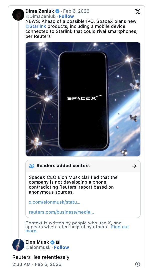 马斯克重申：SpaceX不造手机路透社援引了知情人士的话，称SpaceX高管正