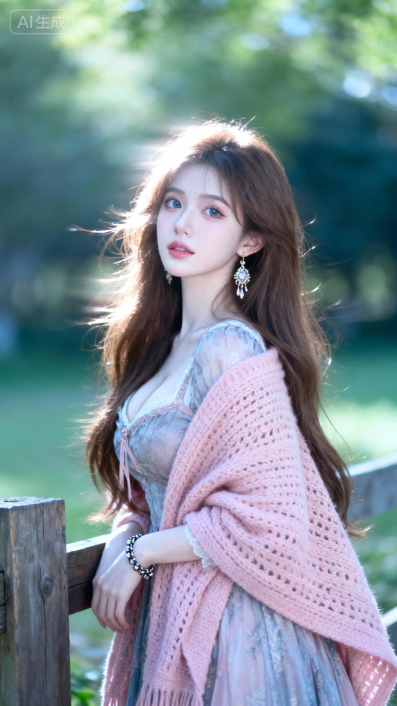 阳光下的梦幻少女，粉色的毛衣与飘逸的裙子相得益彰，宛如童话中的公主。