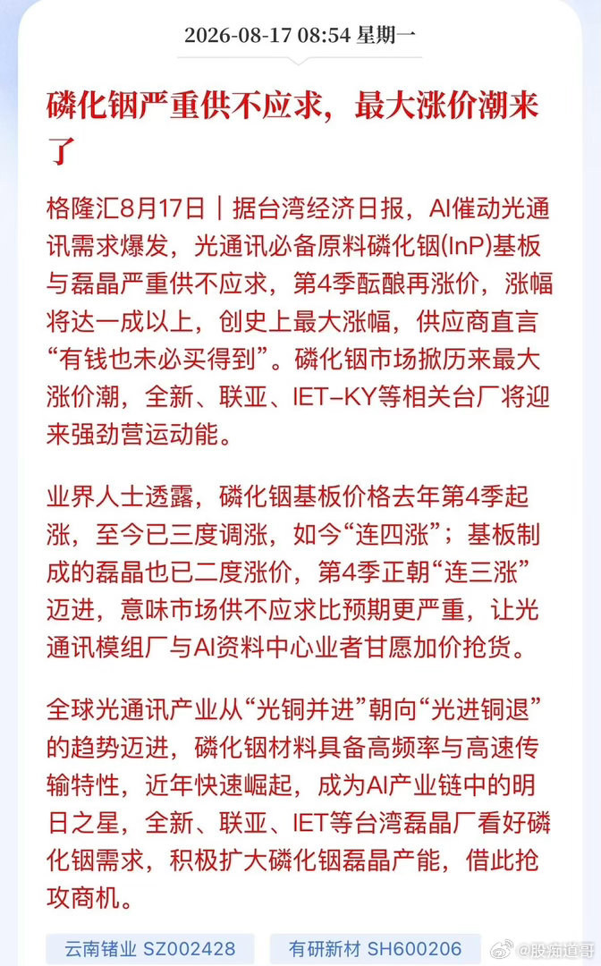 光通讯“心脏”被掐住！磷化铟史诗级缺货，A股盯紧这几条线AI算力需求彻底引爆光通