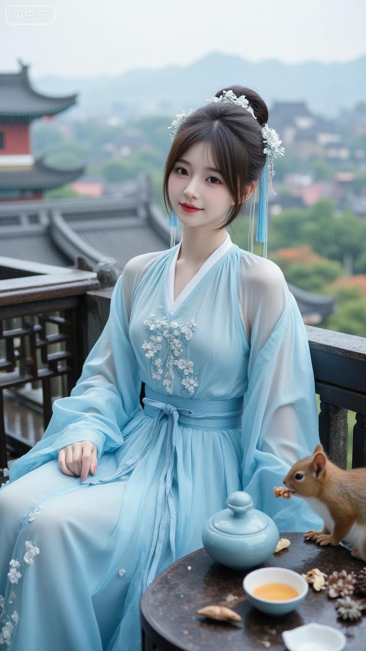 雨裹青檐，蓝纱裙沾了松栗的甜，发梢晃过古榭的柔。连松鼠都贪这盏茶的暖。新中式烟