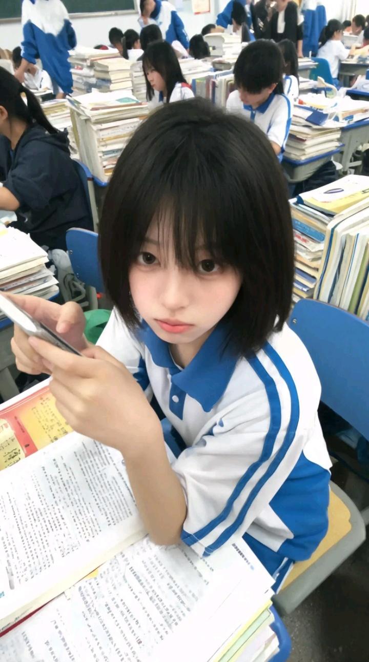 学生在教室里用手机，周围都是书。红色连衣裙打卡不玩手机的学生学生走路看手机