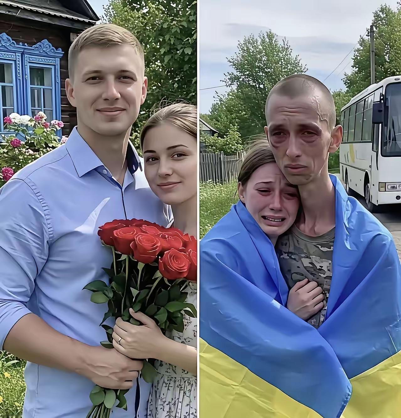 看到这对乌克兰夫妇战争前后的对比照，心里真不是滋味。战前他们穿着得体，捧着鲜花，