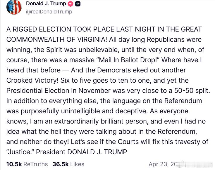 特朗普总统：昨晚，在伟大的弗吉尼亚联邦发生了一场被操纵的选举！整整一天，共和党人