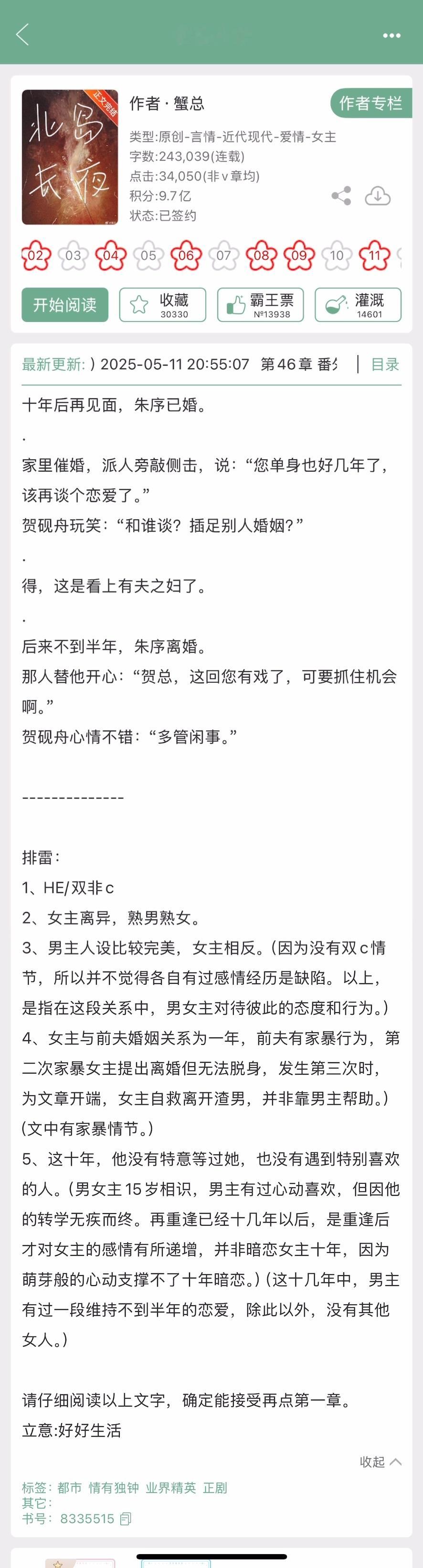 蟹总的《北岛长夜》完结啦，女主离异，熟男熟女文，双非，看过的姐妹来反馈一下~​