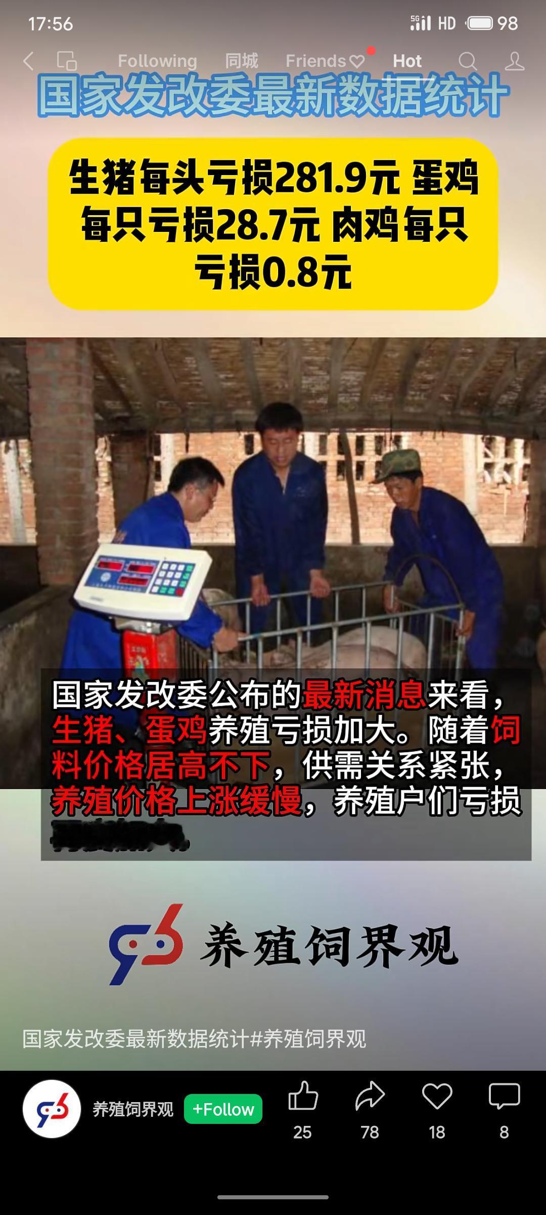 国家发改委数据显示养殖业普遍亏损:生猪每头亏281.9元,蛋鸡每只亏28.7元。