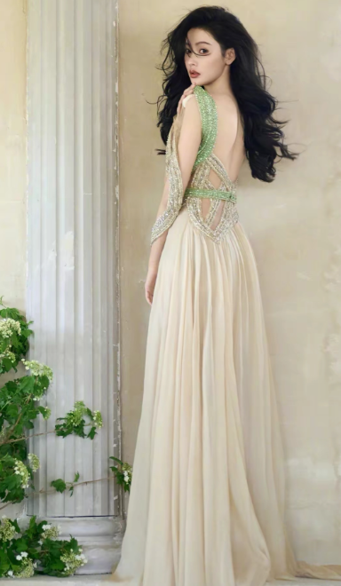 张天爱抹胸露背裙，好有生命力