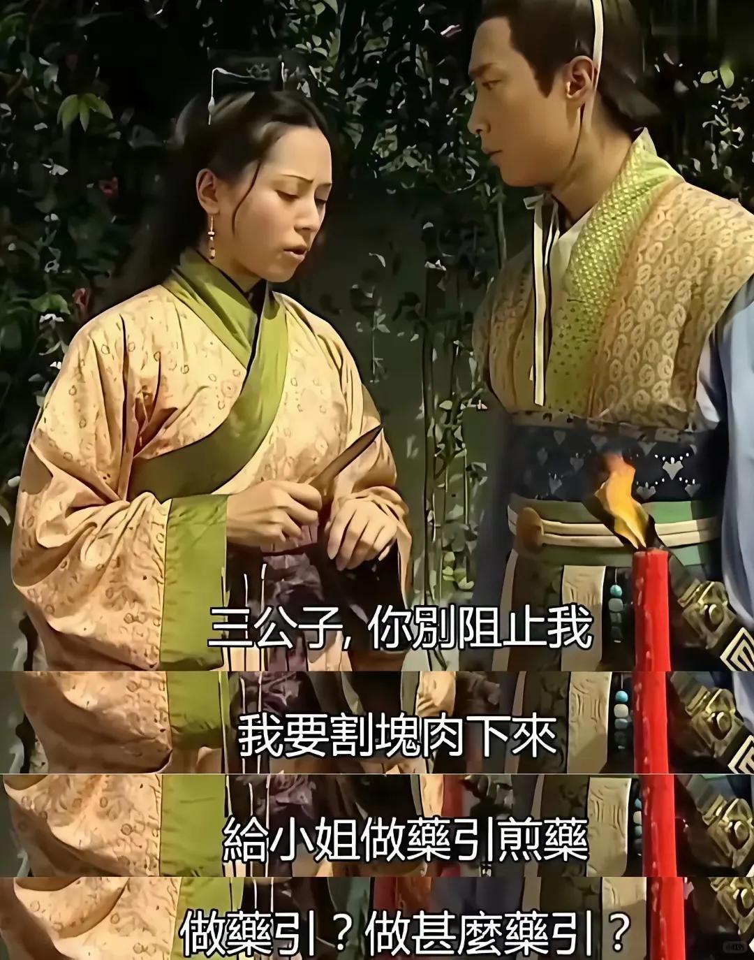 哈哈哈，TVB编剧真是句句写在我心巴上。这个丫鬟假装要割肉救主装忠心，但陈豪没给