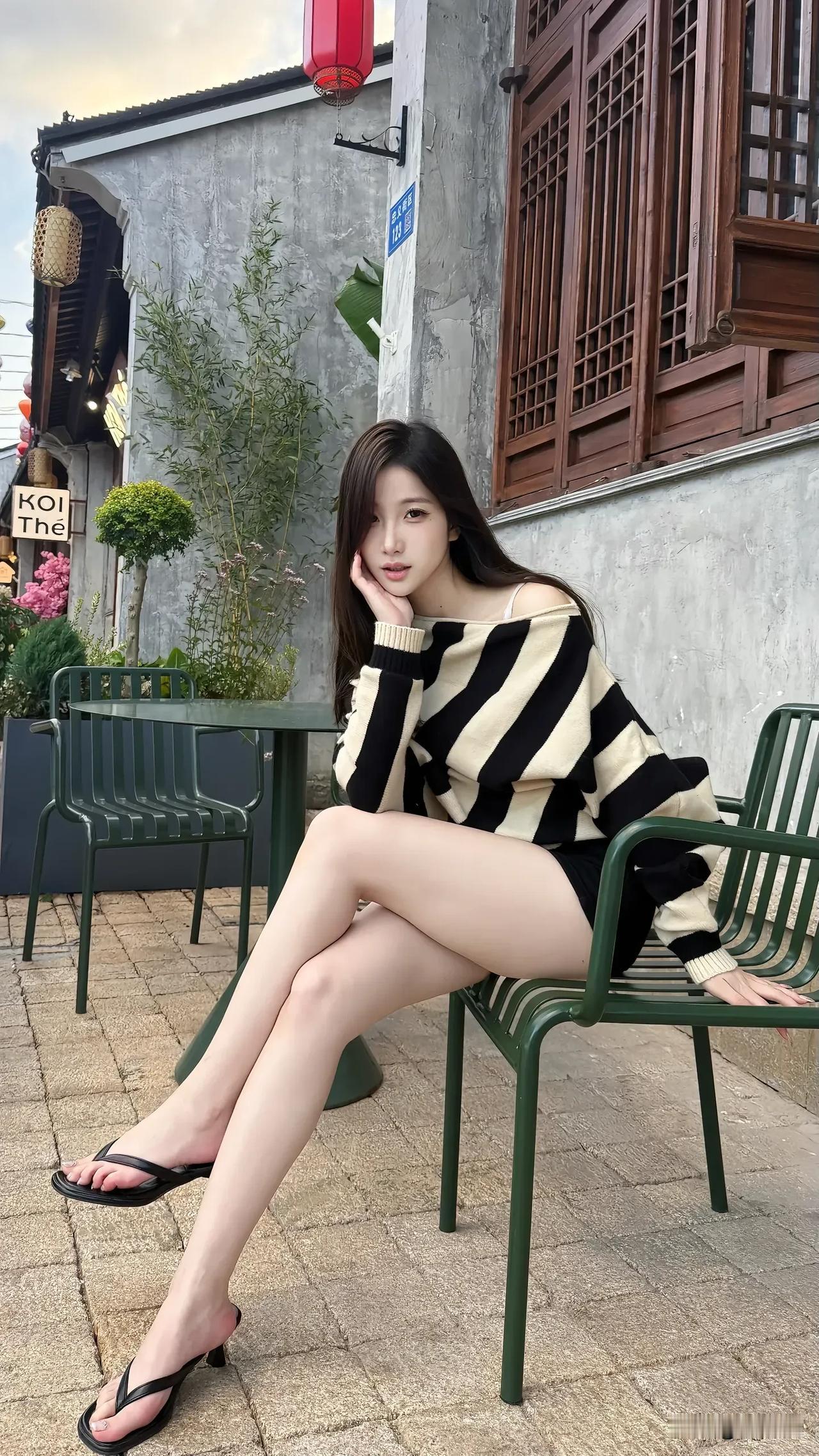 黑白条纹毛衣搭配黑色凉鞋，坐在绿椅上，享受悠闲时光。