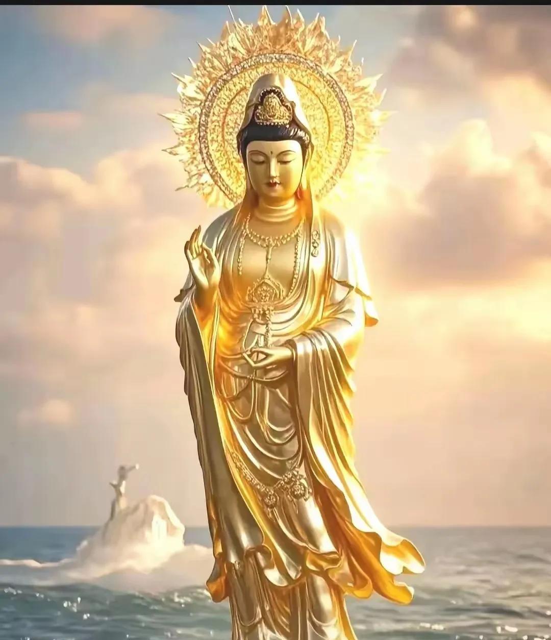 大慈大悲的观音菩萨，端坐在莲花之上，她的目光慈悲而温暖，洒落人间，给人们带来无尽